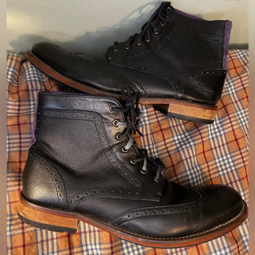 Ted Baker Sealls 3 Black & Purple Accent Leather Wing-tip Brogue Boots